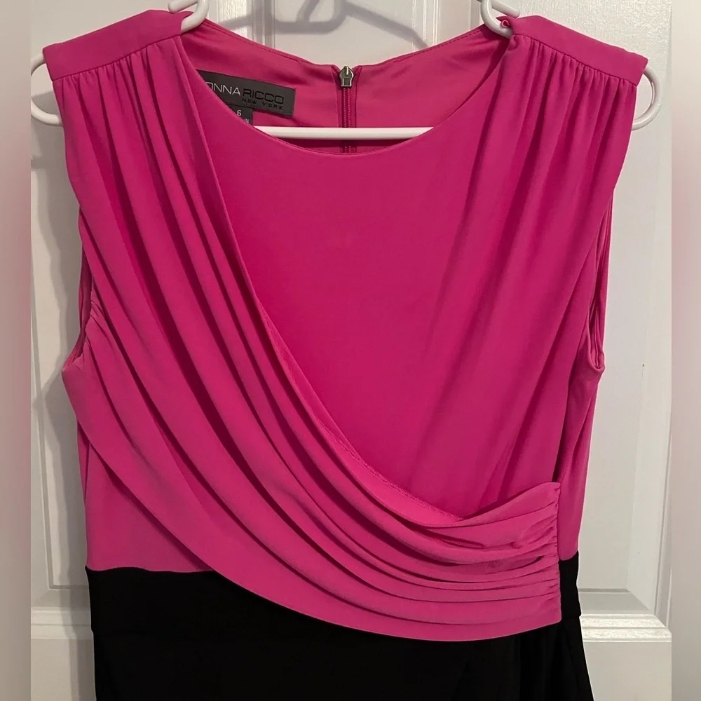 Donna Ricco Sleeveless Midi Wrap Ruched Party Sheath Modest Dress Pink/Black sz6 - Picture 9 of 10